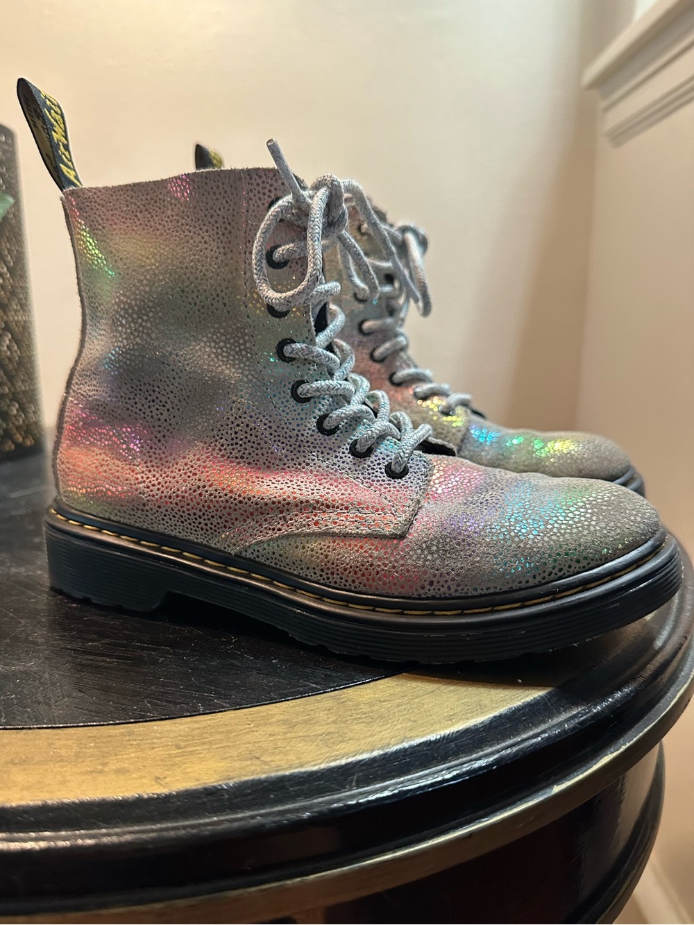 Dr. Martens Kids Iridescent Lace-Up Combat Boots - Silver Multicolor Shine